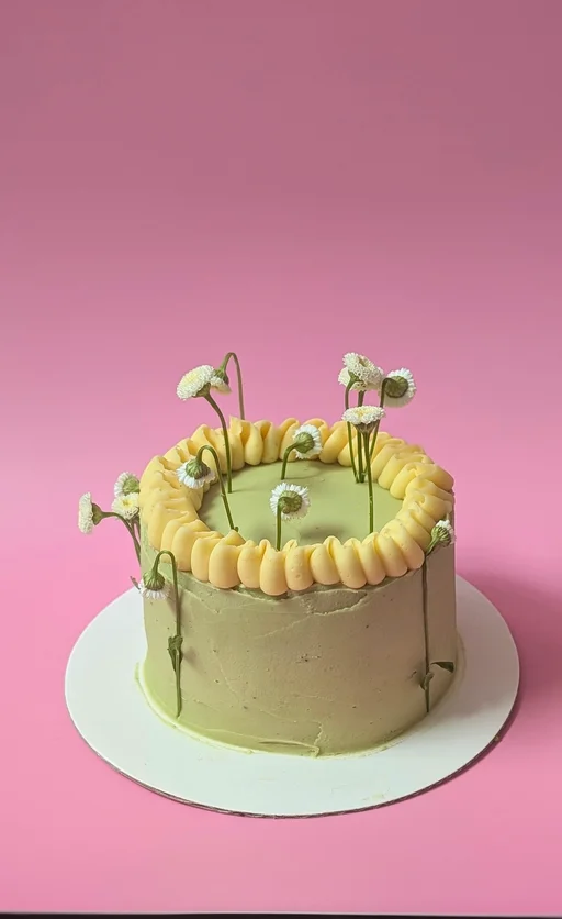Green and yellow cake garnished with flowers on pink backdrop